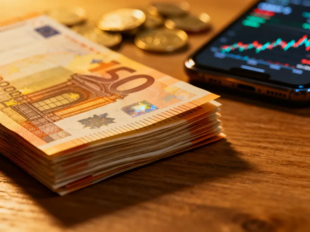 Stos banknotów euro na drewnianym stole w otoczeniu monet i wykresu kursów walut na smartfonie.