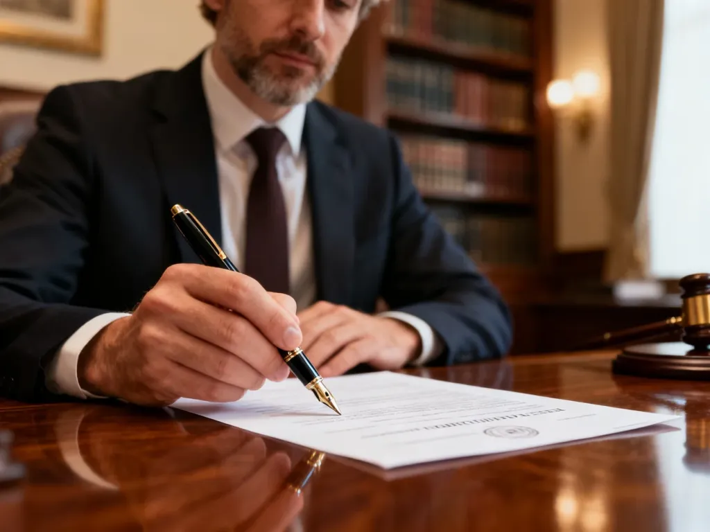 Mężczyzna podpisujący dokumenty w kancelarii notarialnej podczas formalności związanych z odrzuceniem spadku.