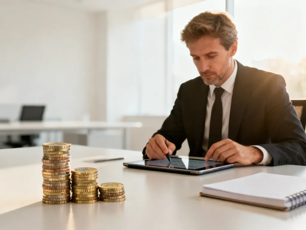 Mężczyzna przy biurku oblicza finanse na tablecie obok stosu monet euro, co ilustruje przeliczanie zarobków brutto na netto.