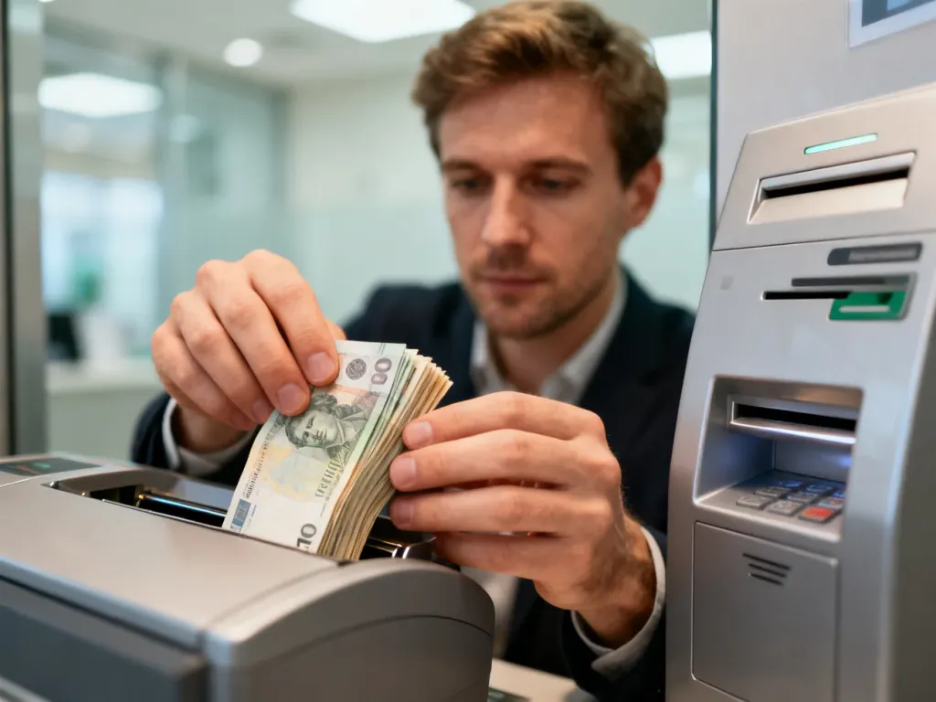 Mężczyzna wpłacający plik banknotów do nowoczesnego wpłatomatu w banku.